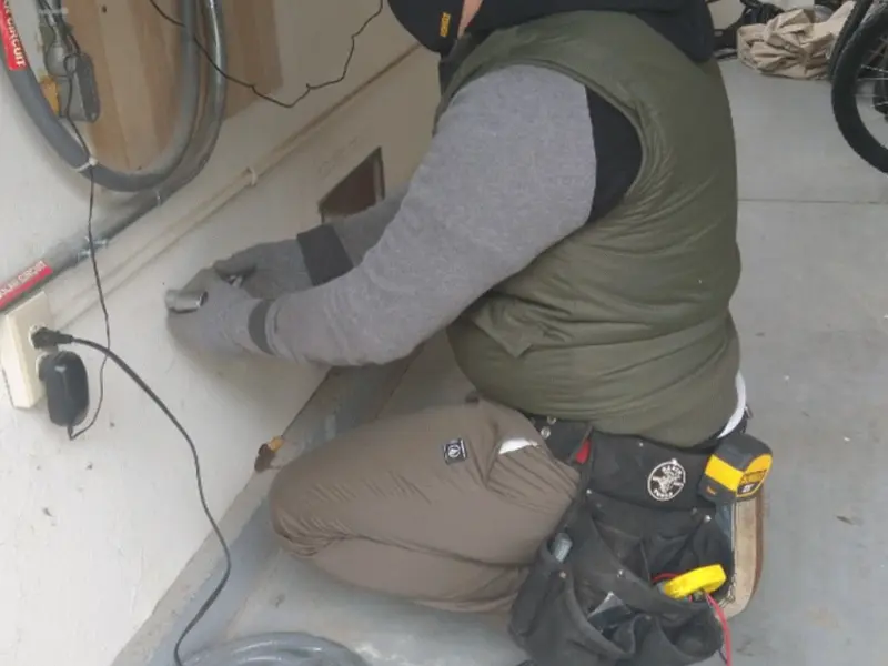Electrician performing outlet wiring in a Woodlawn Beach garage